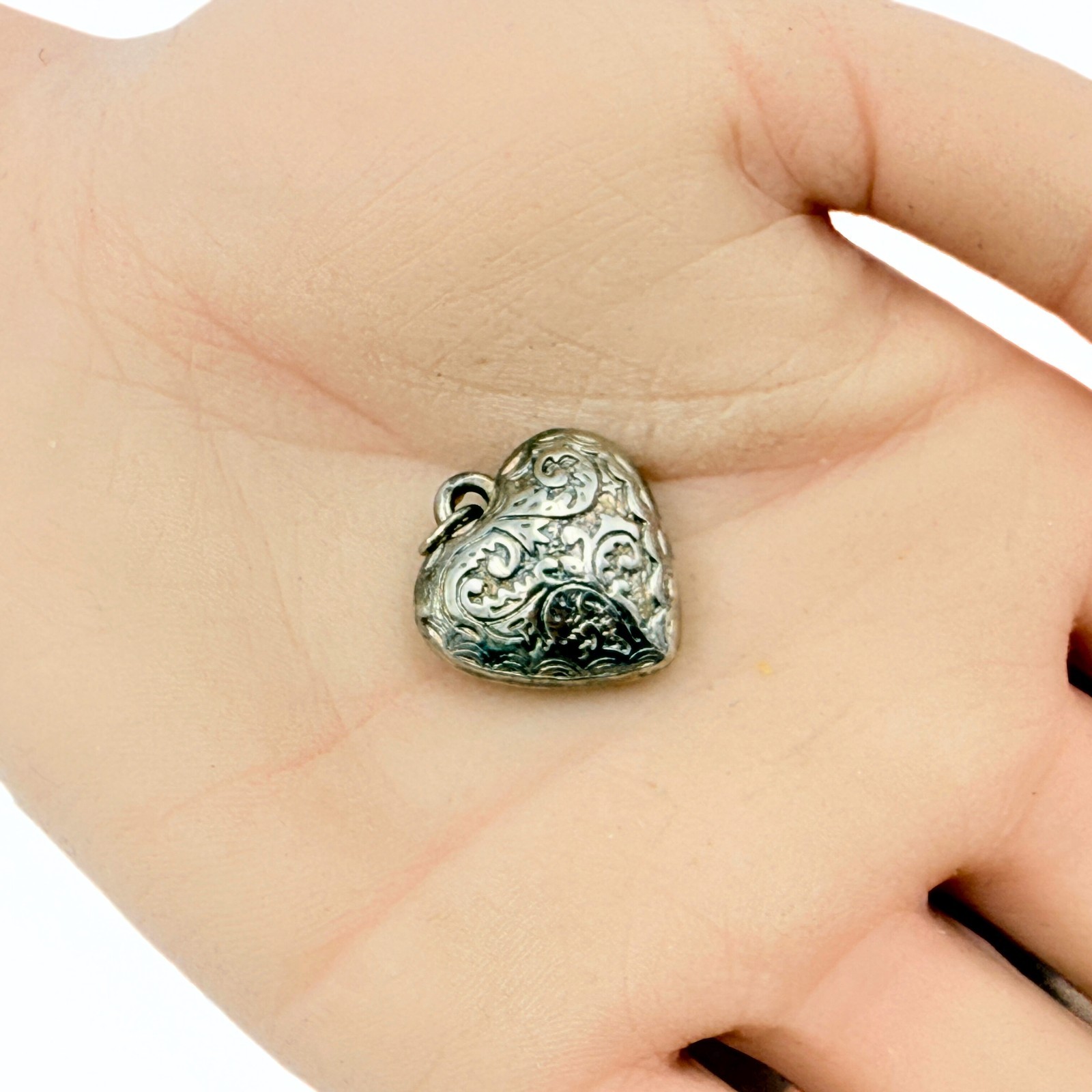 Vintage Sterling Silver Repousse Scrollwork Floral Puff Heart Pendant