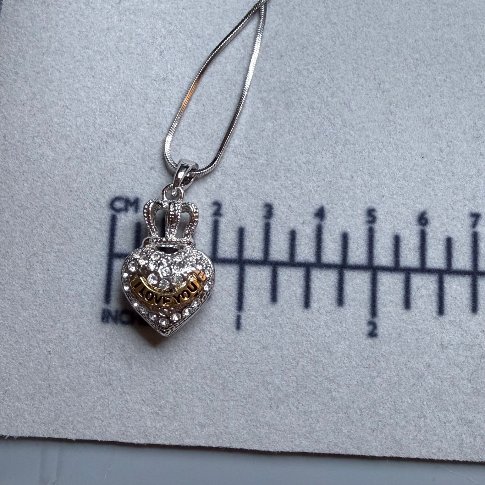 Rhinestone Crown Heart Silver & Gold Tone I LOVE YOU Pendant Necklace Y2K 2000s