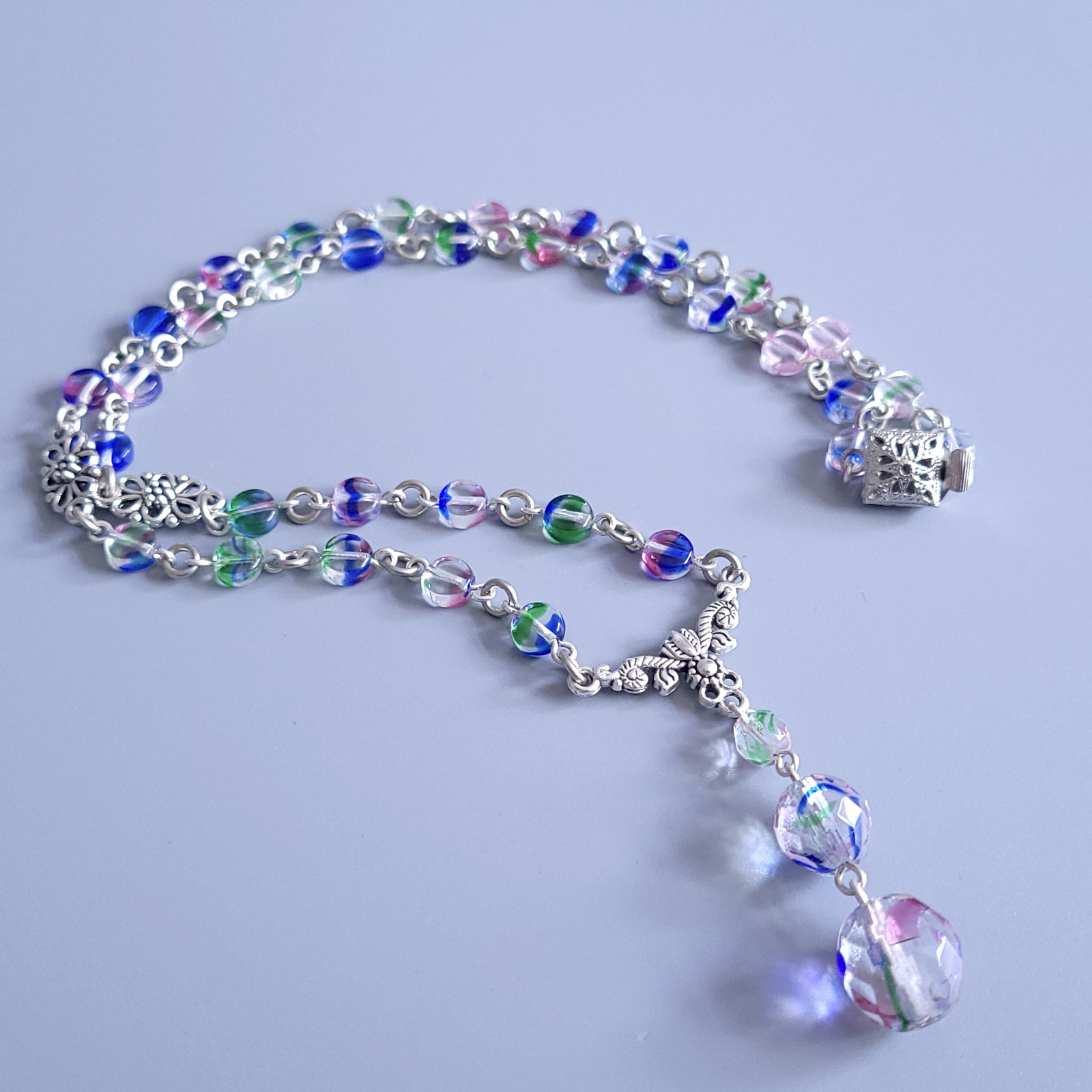 Iris Glass Necklace 19” Multicolor Czech Vintage Beads Women`s Jewelry