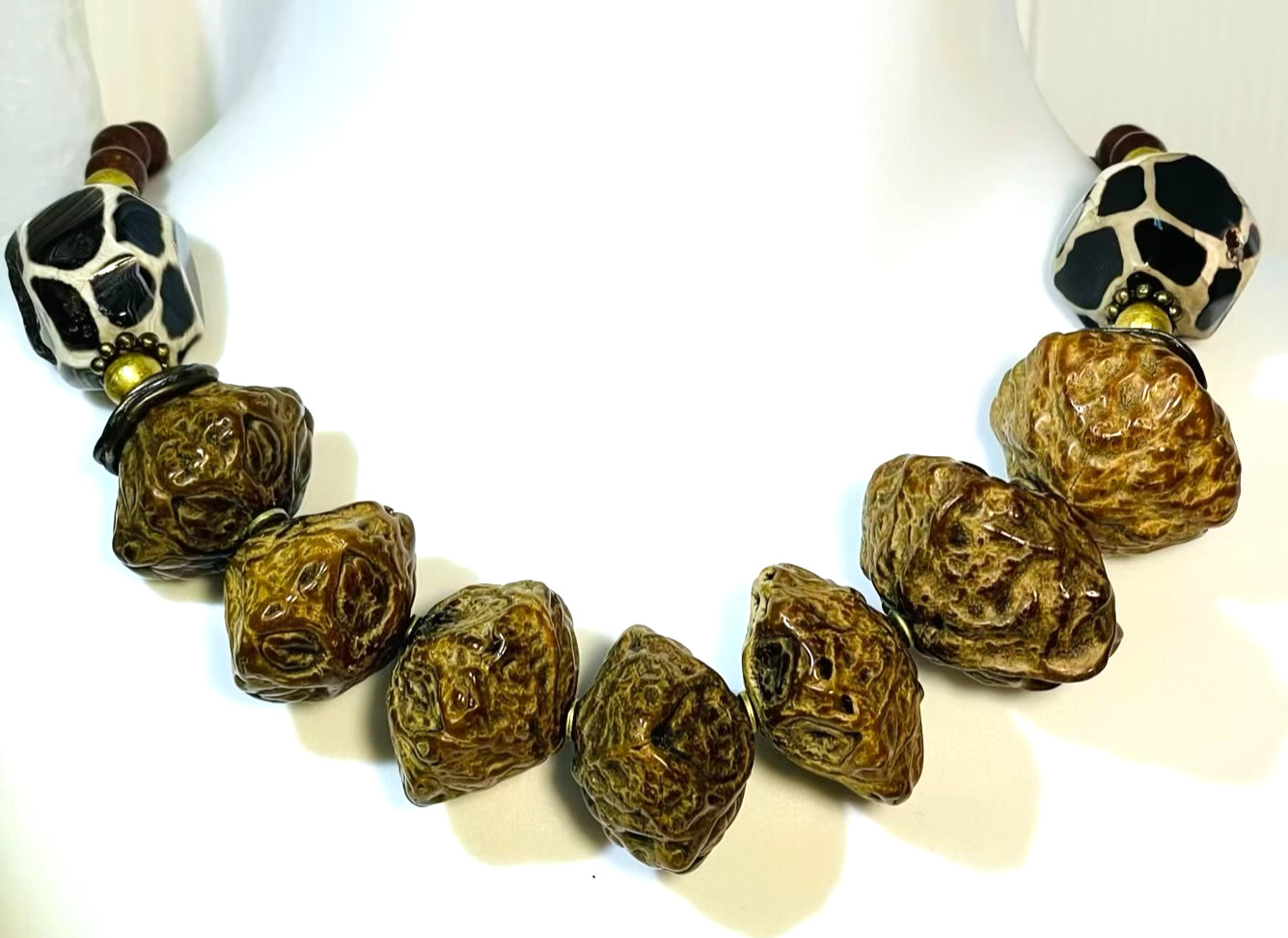 Paldao Dracontomelon Seeds & Honeycomb Agate Necklace Wire Clasp Artisan Vintage