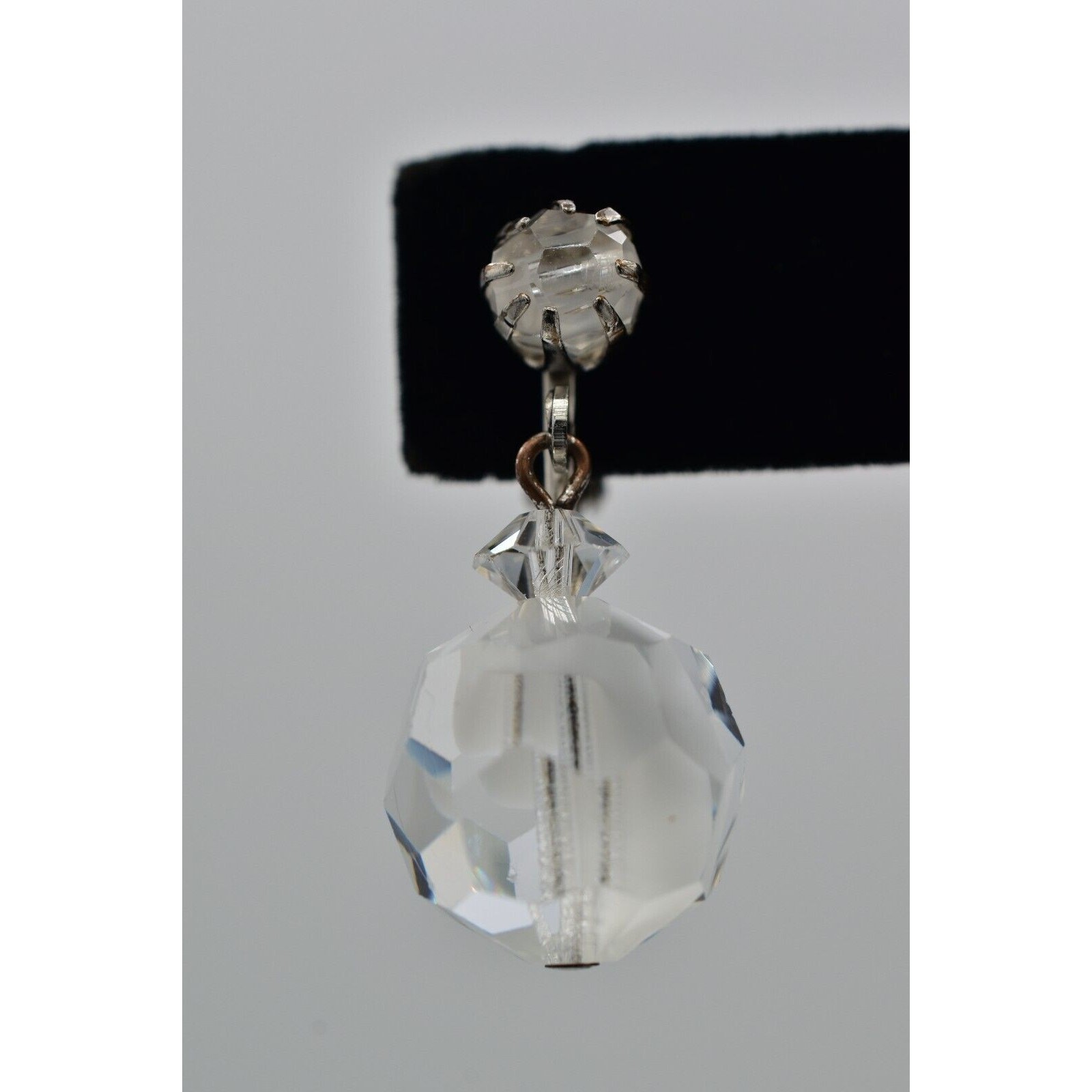Vintage Crystal Clip On Earrings Silver Dangle Clear Ball Drop Glam 1950s A24