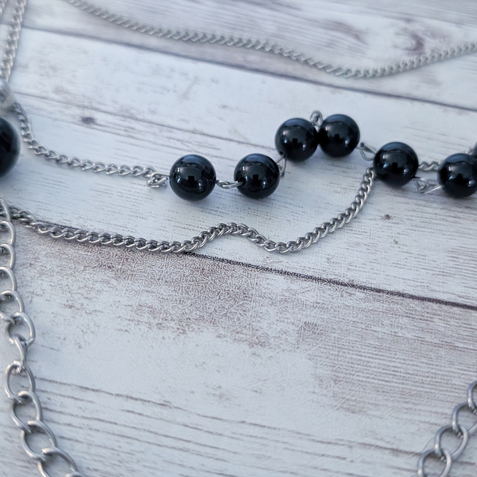 Vintage Necklace Layered Silver Tone with Black Accents Statement
