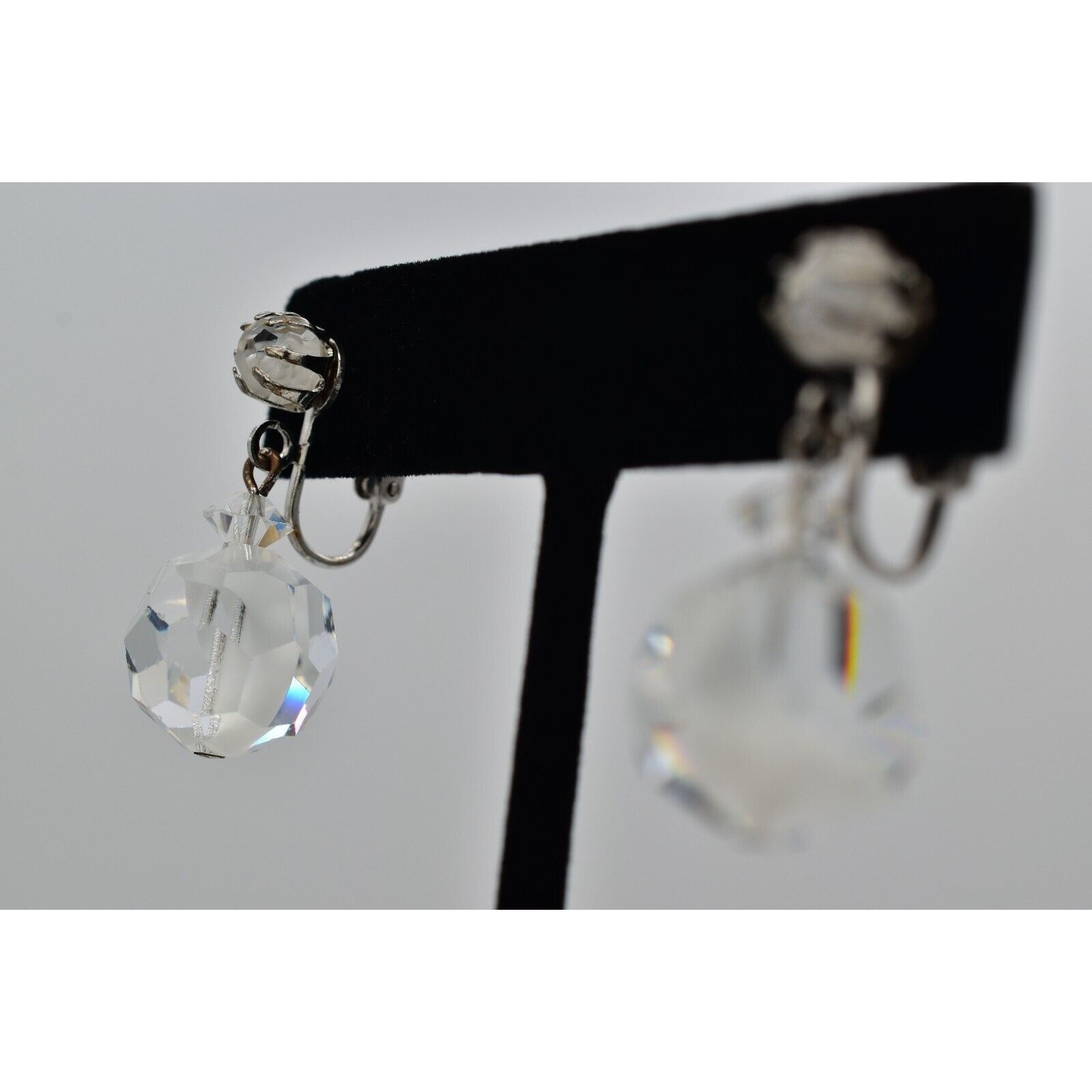 Vintage Crystal Clip On Earrings Silver Dangle Clear Ball Drop Glam 1950s A24