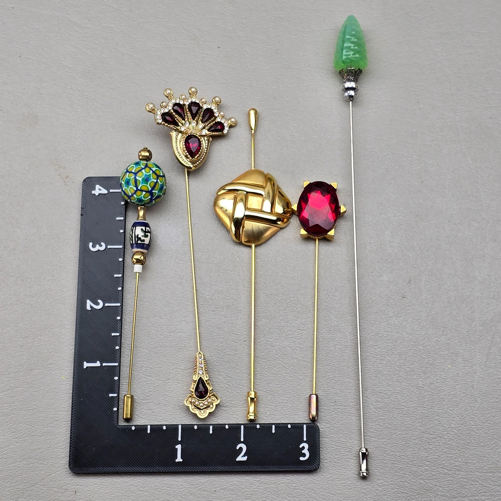 Vintage Hat Stick Pin Lot Gold Tone Rhinestone Cloisonne Art Deco Style Set 5