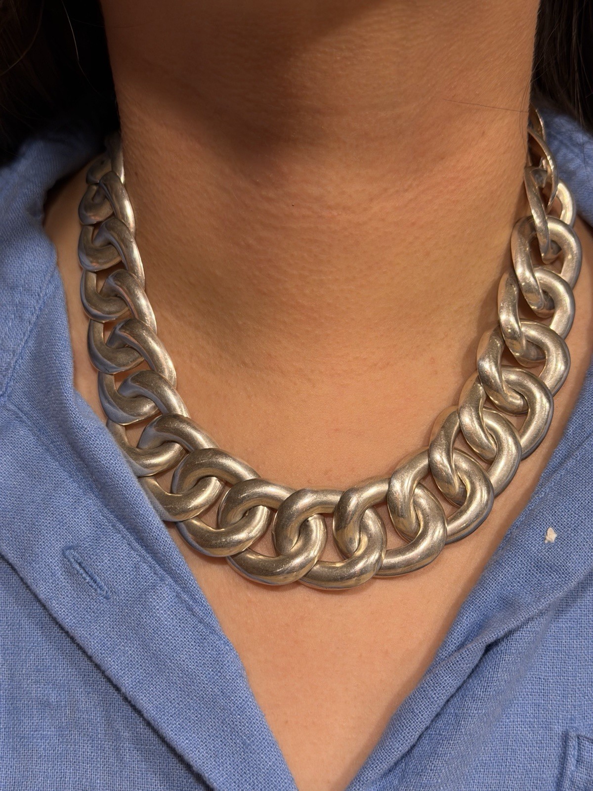 Large Vintage 925 Mexican Taxco Modernist Sterling Silver Curb Link Necklace