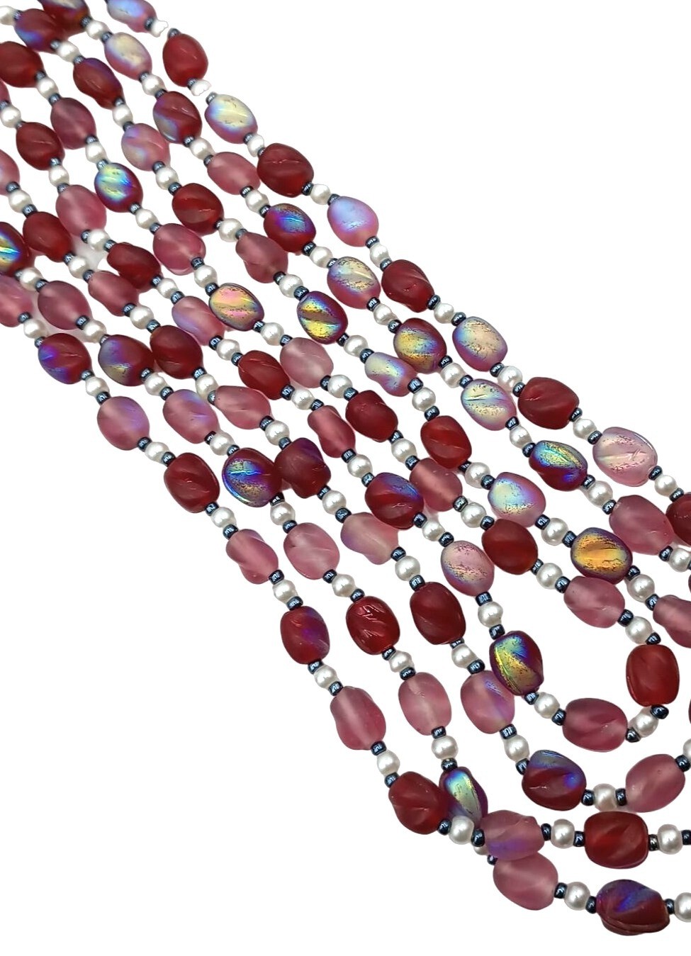 Vintage Glass Beaded Iridescent Necklace Pink Red Purple Four Strand Costume Jew