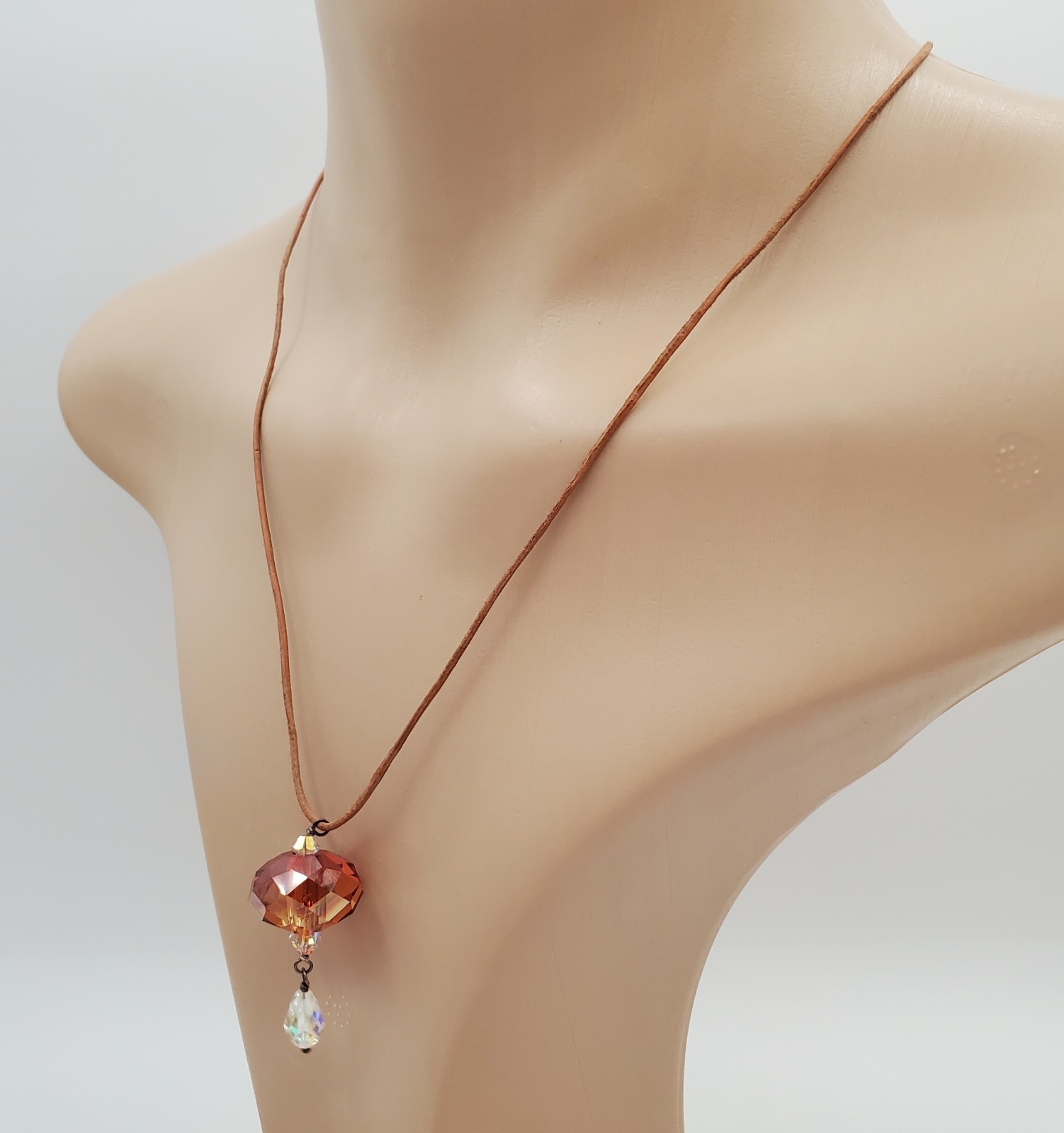 VTG 925 Faceted Amber Tone Crystal Necklace 18in Sterling Clasp Raw Leather Cord
