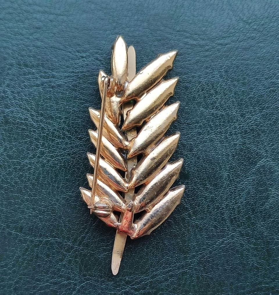 Vintage Soviet Brooch Green Glass Stones Leaf Branch USSR 1970s