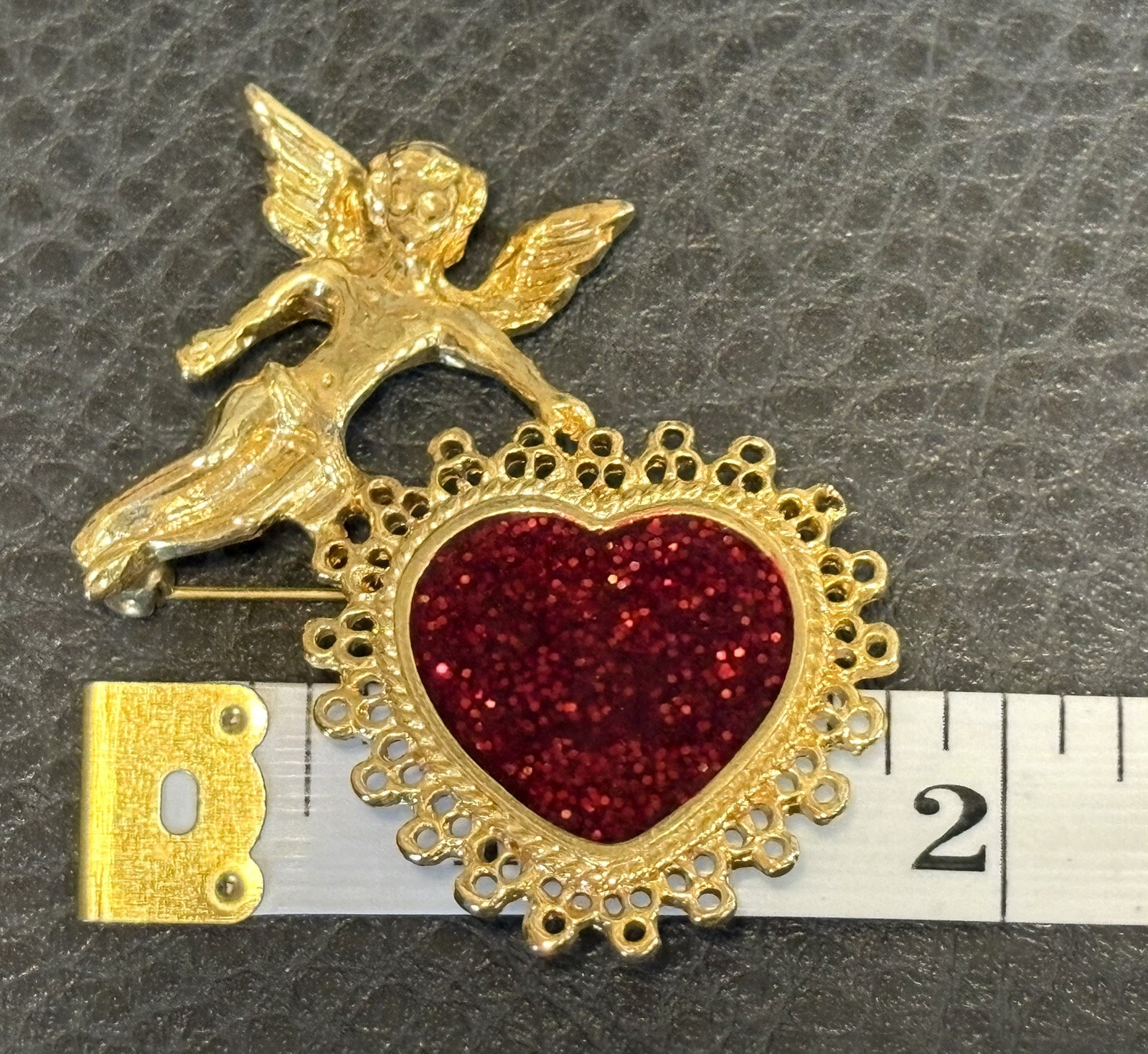 VTG Brooch Cupid Gold Toned Angel Red Glitter Heart Cherub Valentine Love Pin