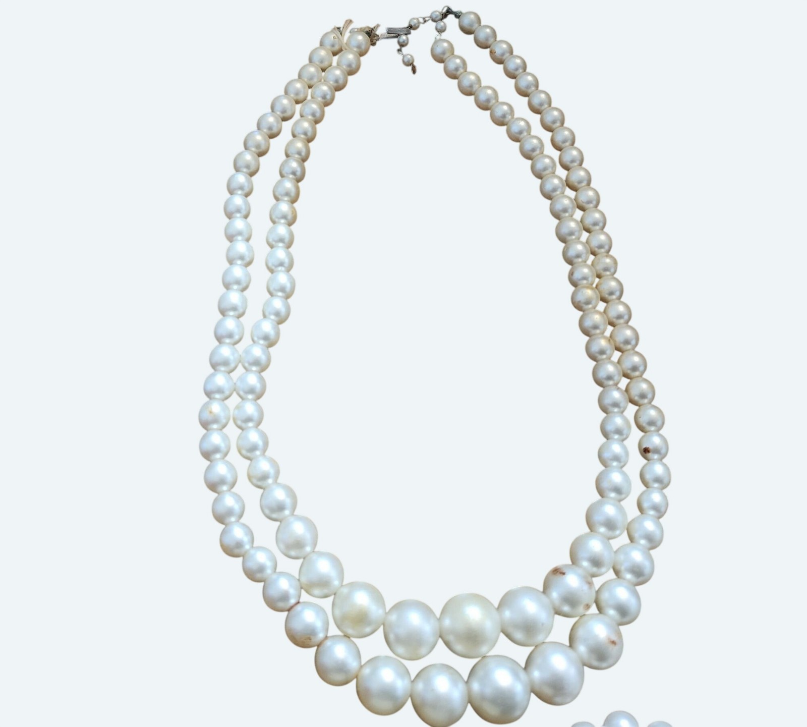 Vtg Double-Strand Graduated Faux Pearl Necklace Chain And Hook Clasp Adjustable