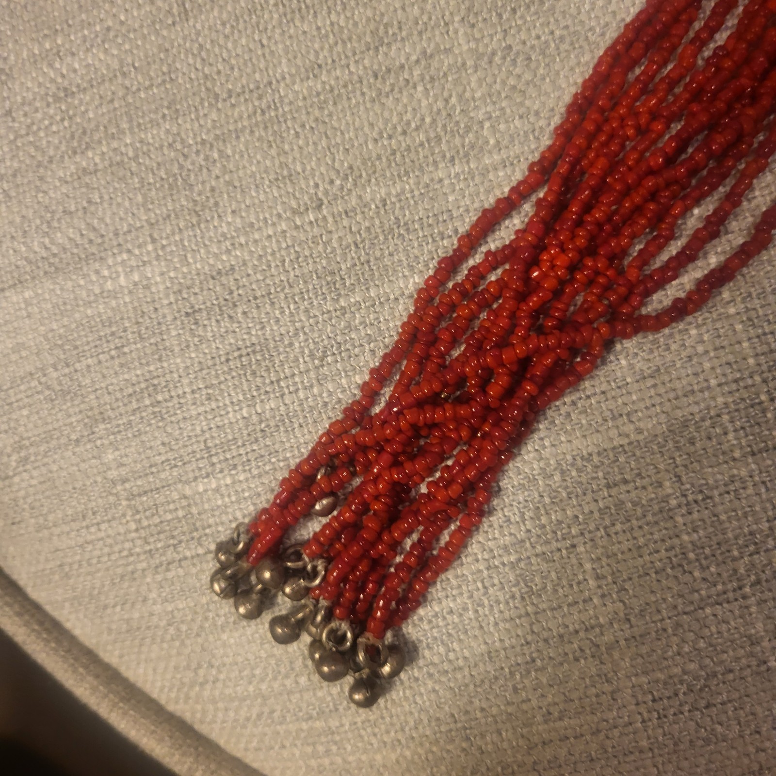 Vintage Ethnic Multi Strand Red Glass Seed Bead Open Wrap Double Tassel Necklace