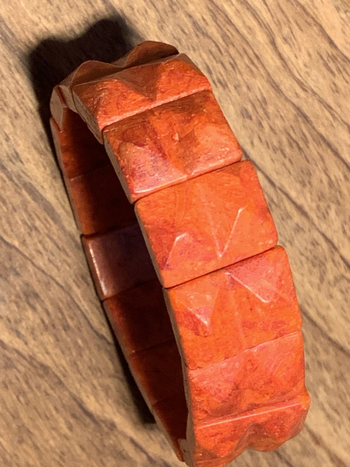Beautiful Vintage Red Genuine Coral Carved Stretch Bracelet Bangle