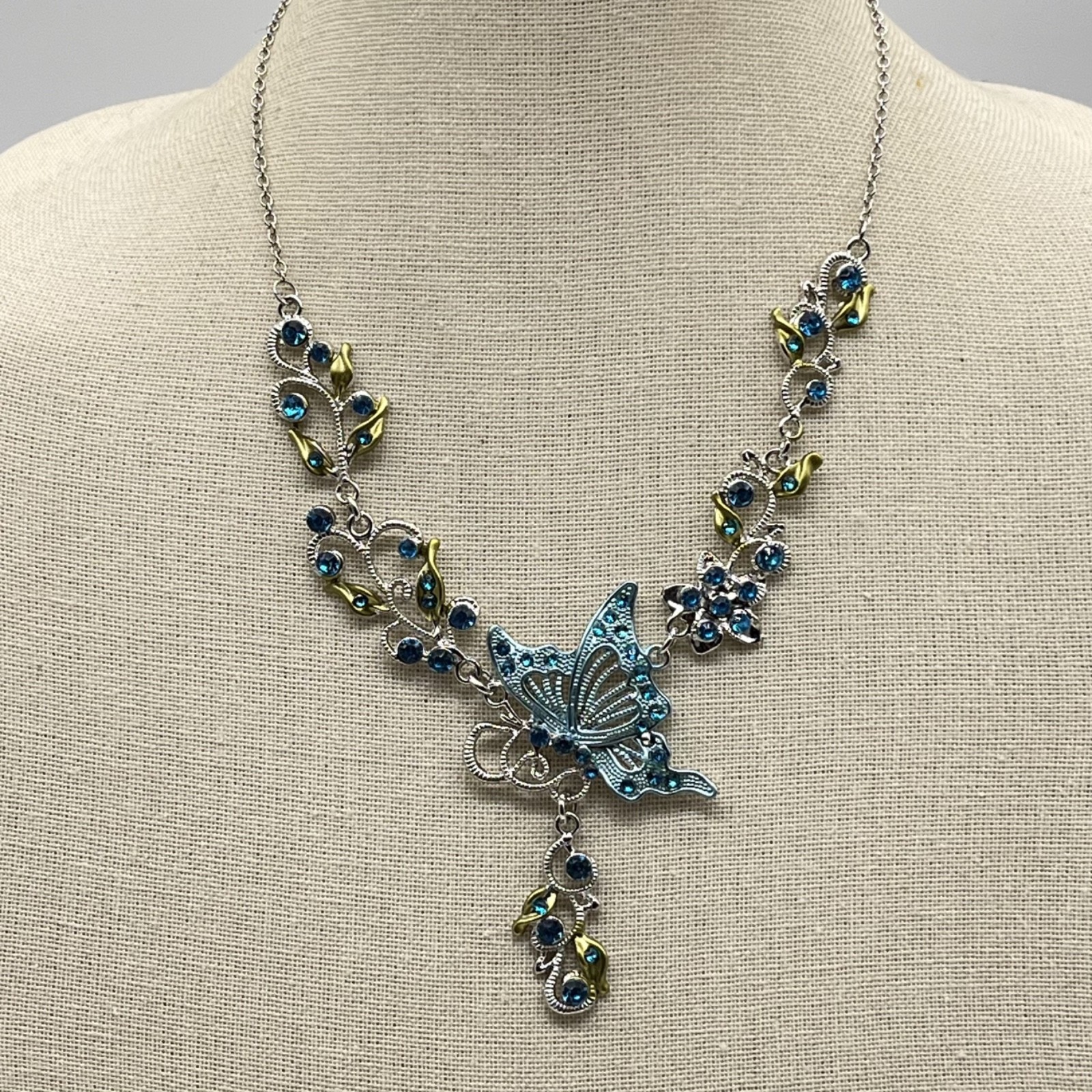 Vintage Blue Butterfly Jewelry Set Y Drop Necklace Earrings Fairycore