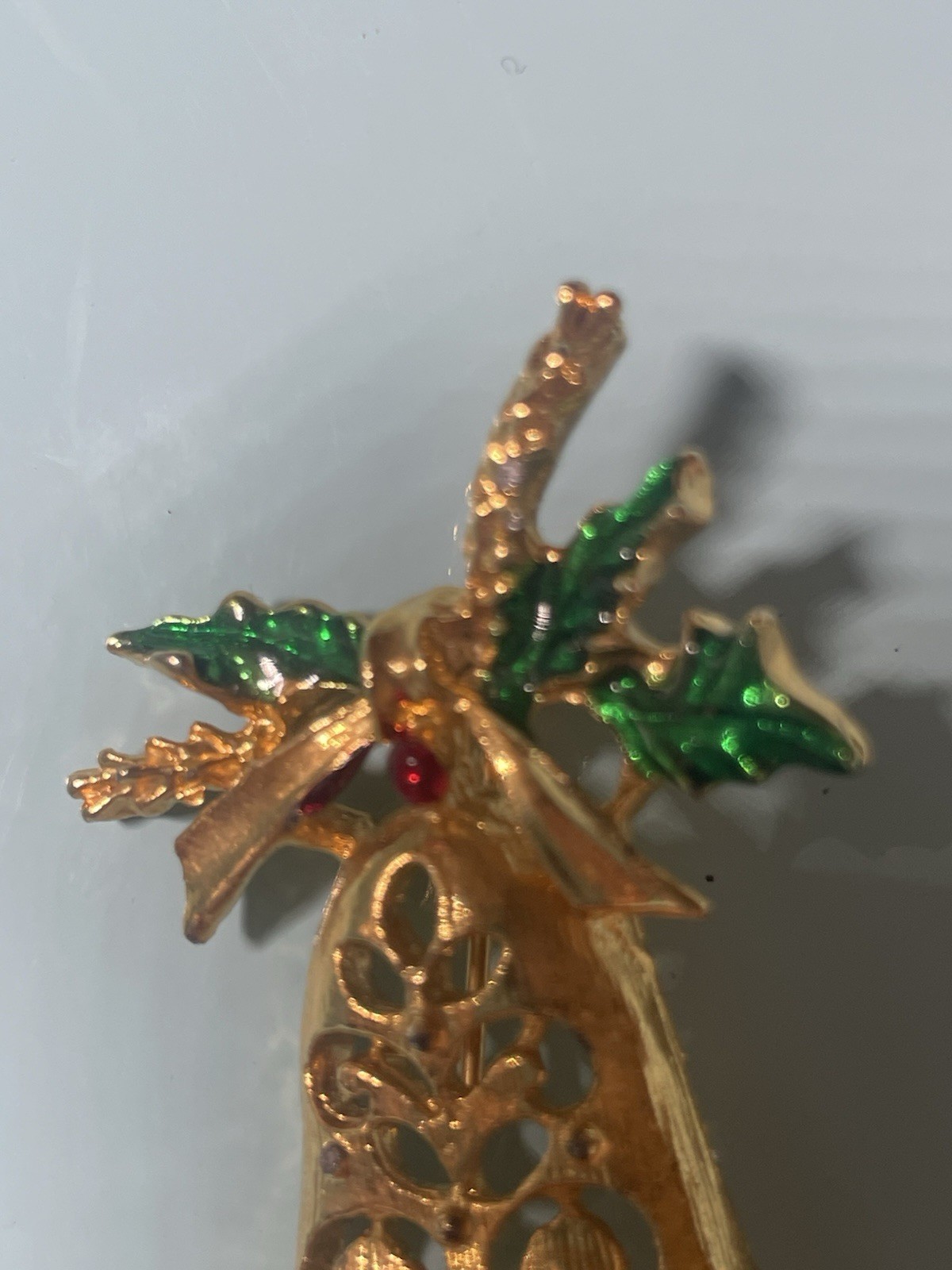 Vintage Christmas Bell Brooch Gold Tone Green Enamel Holly Red Rhinestone