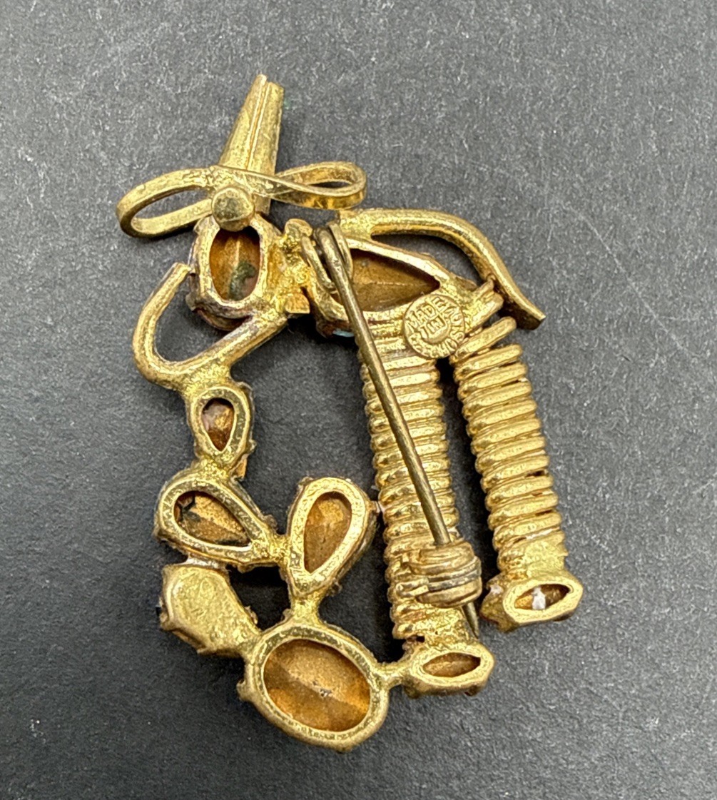 Made In Czechoslovakia Vintage Person Plant Rhinestone Gold Tone Brooch Pin B44a