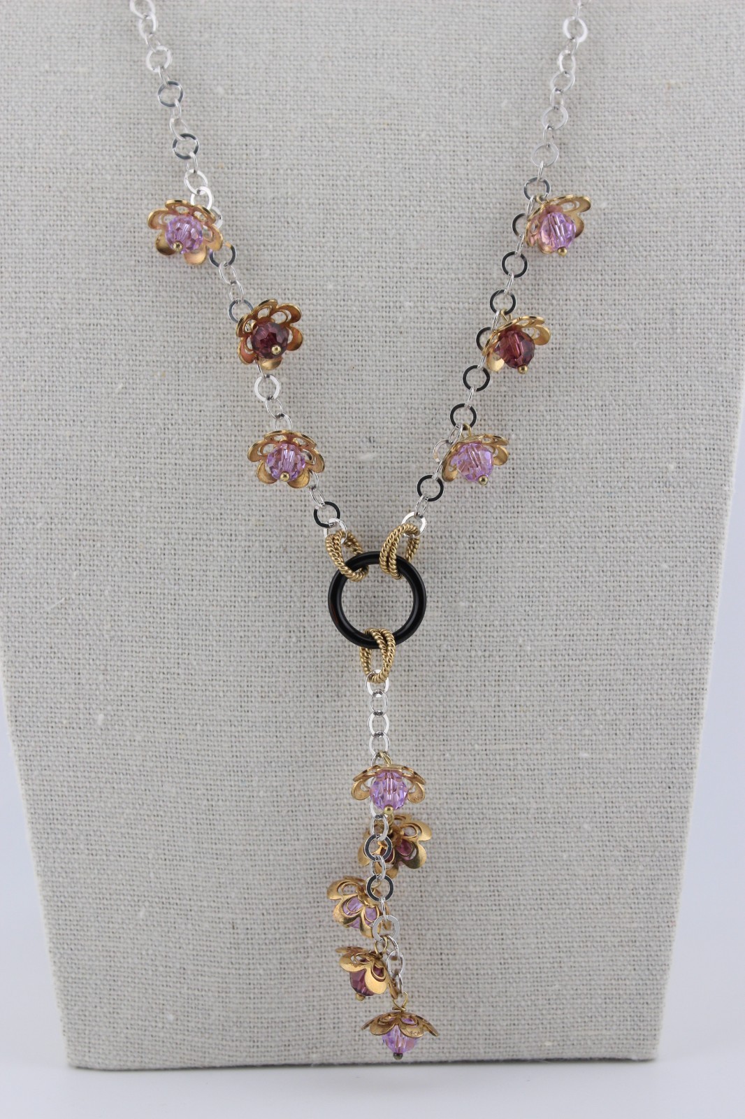 Sterling silver and gold over silver Y drop style necklace purple crystals 19″