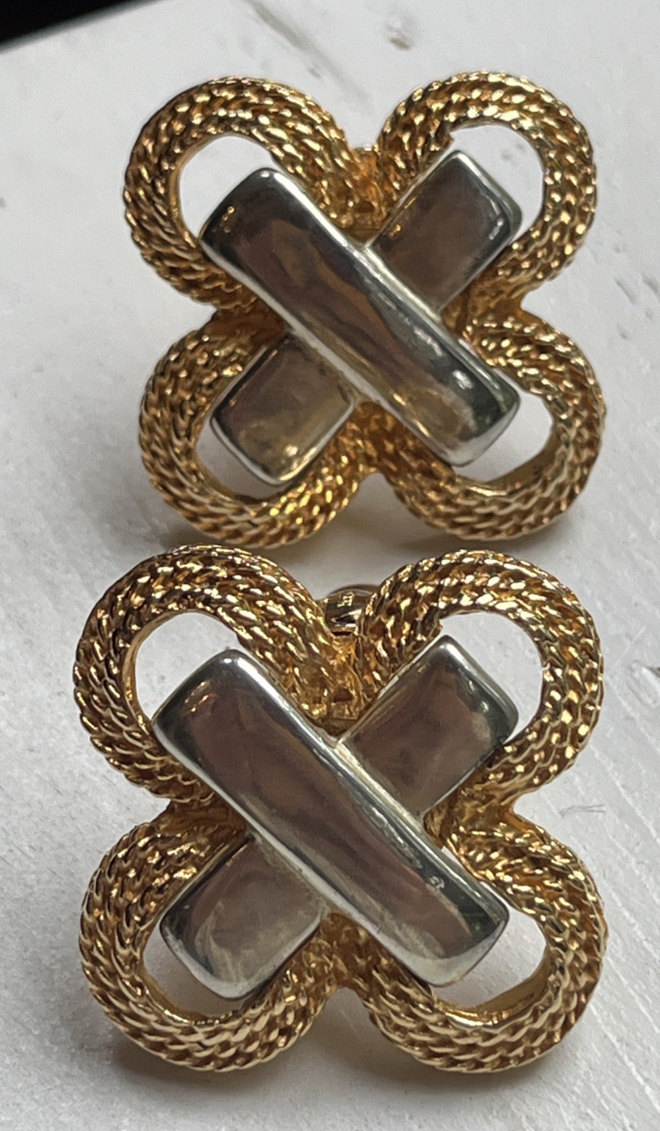 Vintage Gay Boyer Two Tone Gold Silver Braided Statement Clip On Earrings 1980s