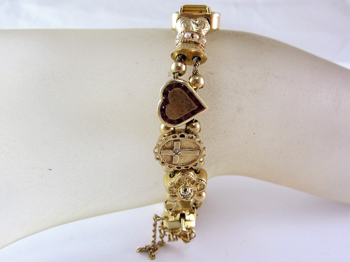 14K RICHARD KLEIN KLJCI GEMSTONE 13-SLIDE CHARM BRACELET 43.1G