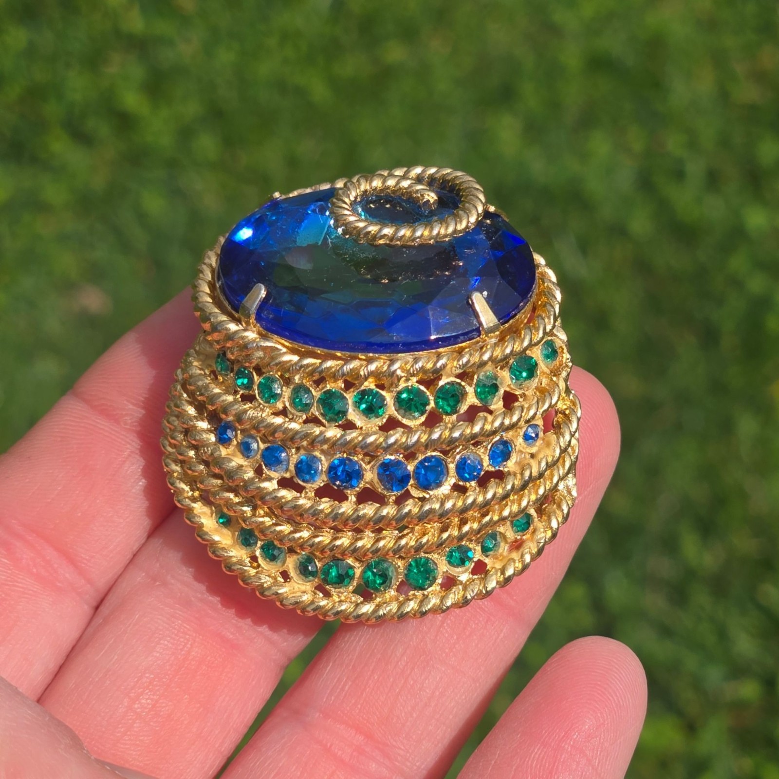 Vintage Corocraft Blue Glass Brooch Rhinestone Designer Jewelry Egyptian Revival