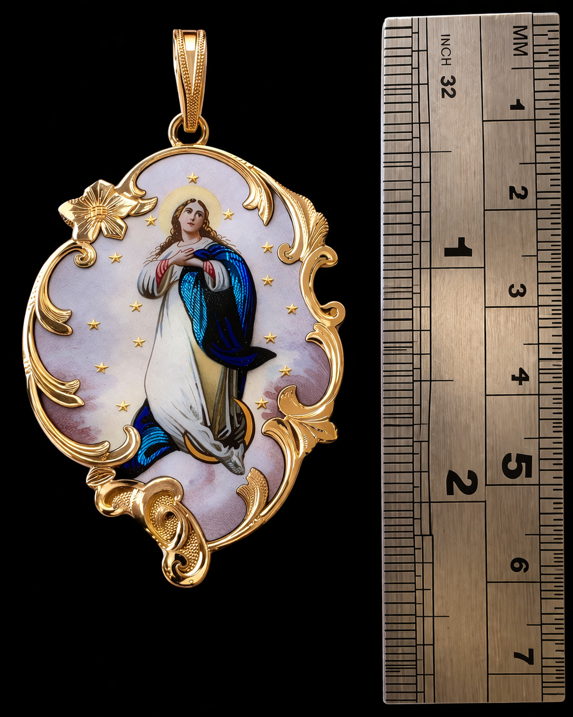 Antique 18K Gold Enamel Virgin Mary Pendant – 19th Century Religious Medal Rare