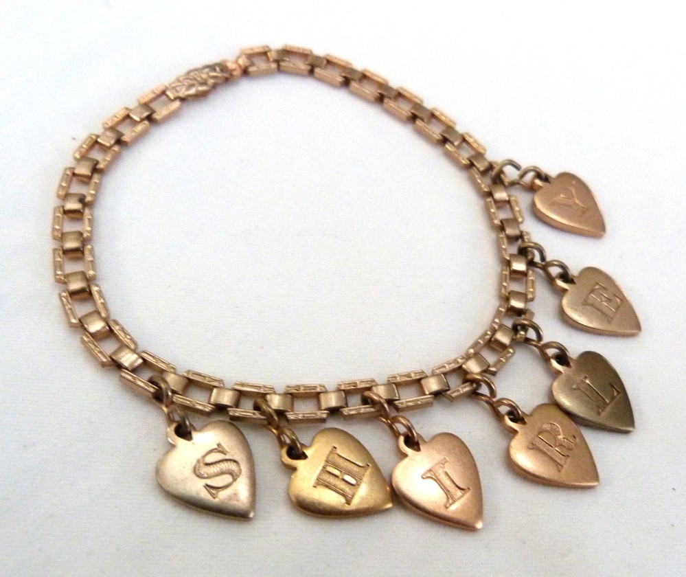 VTG 1940s VICTORIAN REVIVAL FANCY LINKS “SHIRLEY” HEART CHARMS BRACELET ~ 7 3/8″