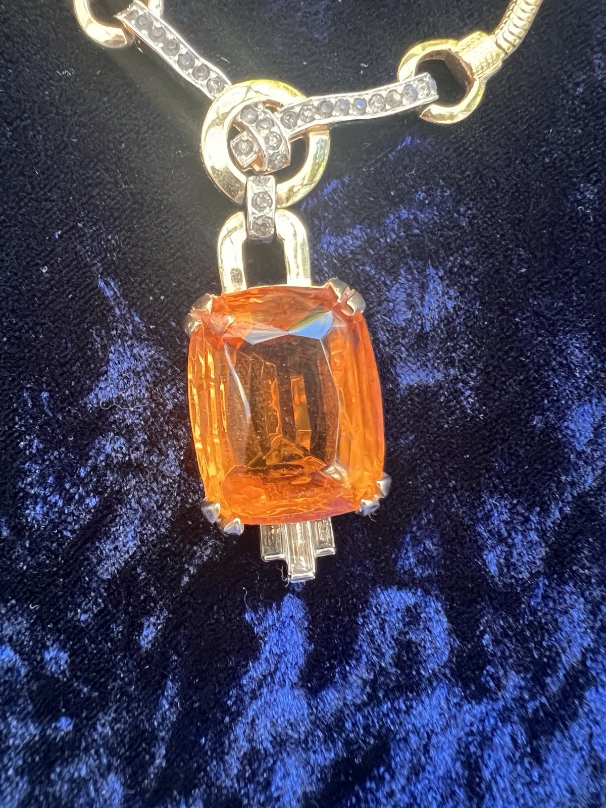 Mazer Deco gold plated faux topaz rhinestones necklace/Earrings 1960’s ca, USA.