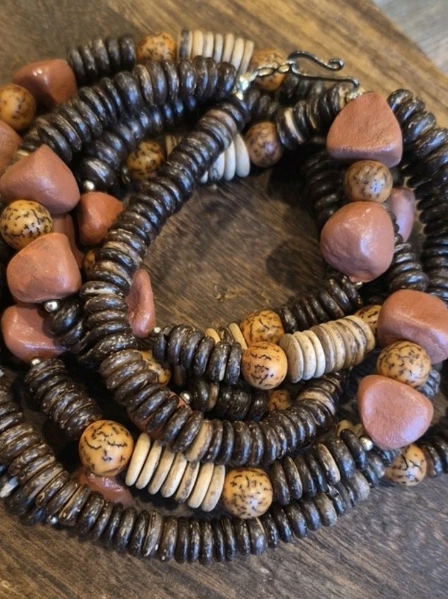 Vtg Artisan Handcrafted Triple Strand Earth Tone Beaded Necklace, Hook Closure