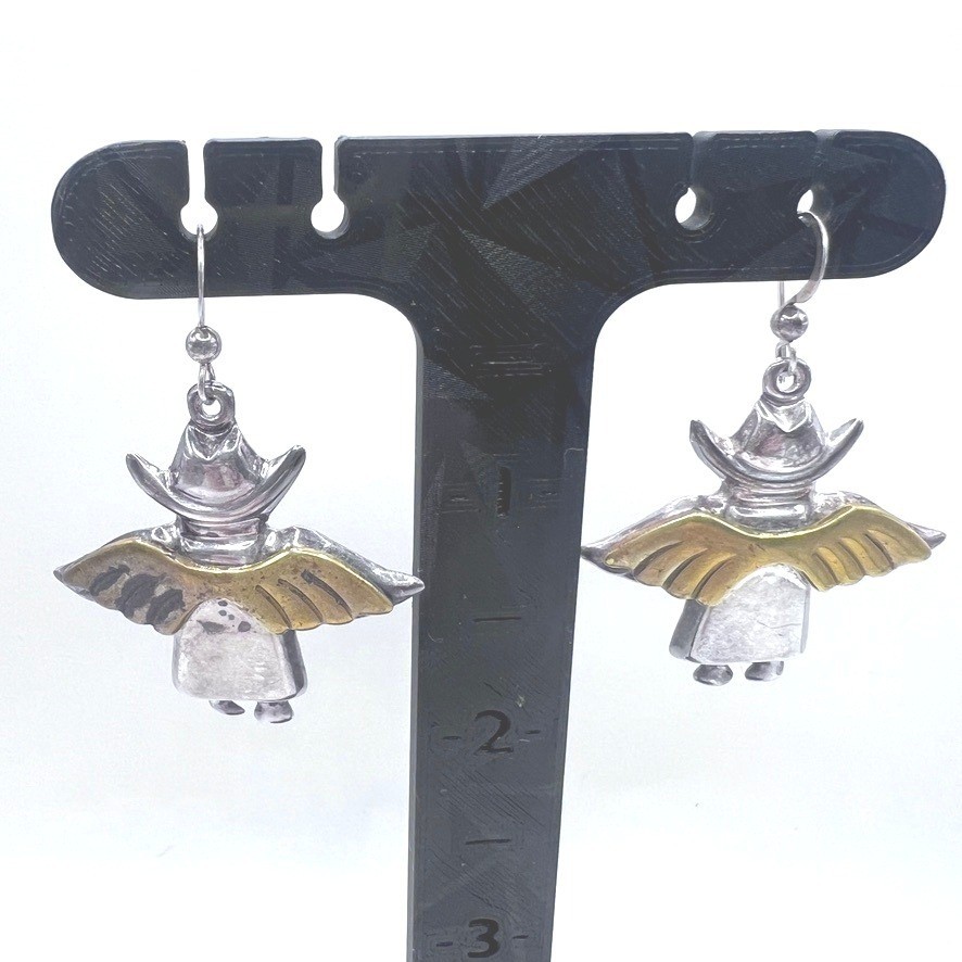 Vtg Sterling Silver Mexico Cowboy Angel Dangle Earrings Two Tone Wings Hat