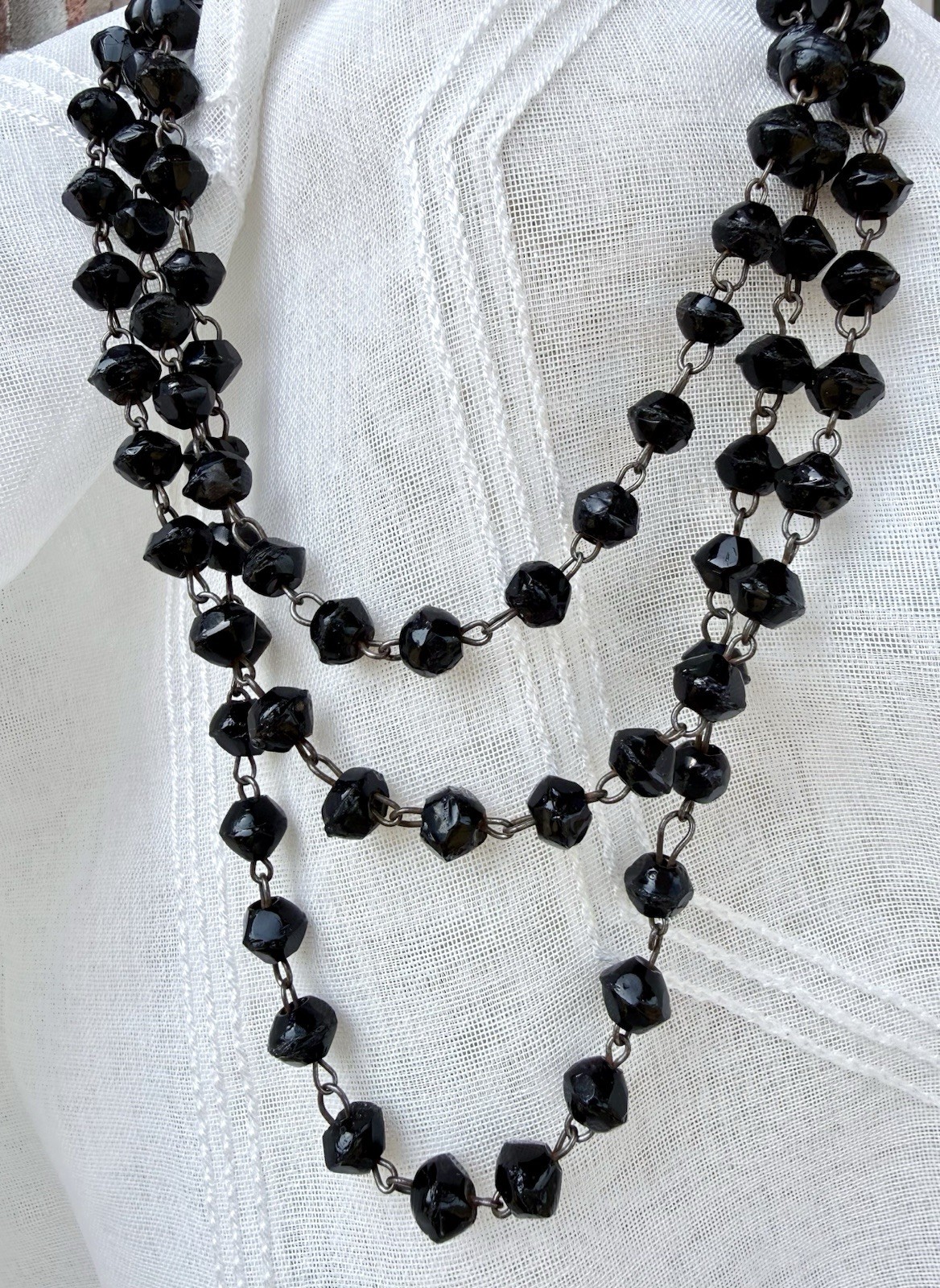 Black Victorian Vauxhall Glass Guard Chain Necklace 1cm x 8mm Beads 50” Long
