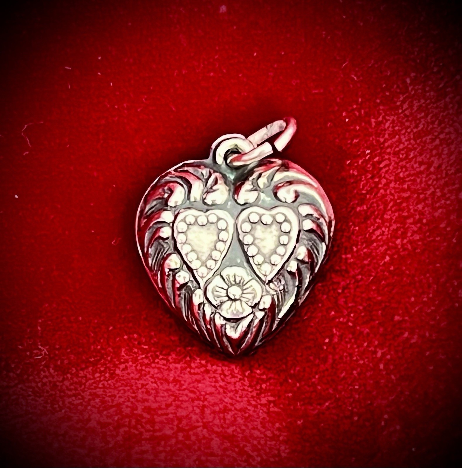 Vintage Charm Sterling Silver 9/16” Heart Pendant~Adorned With Hearts & Flowers