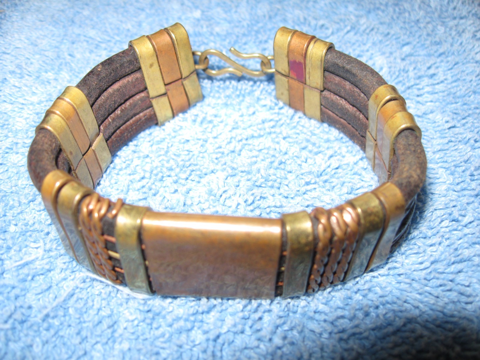 Leather & Brass Bracelet w/Hook Clasp, 3/4″ wide x 3″ Diameter Artisan Made