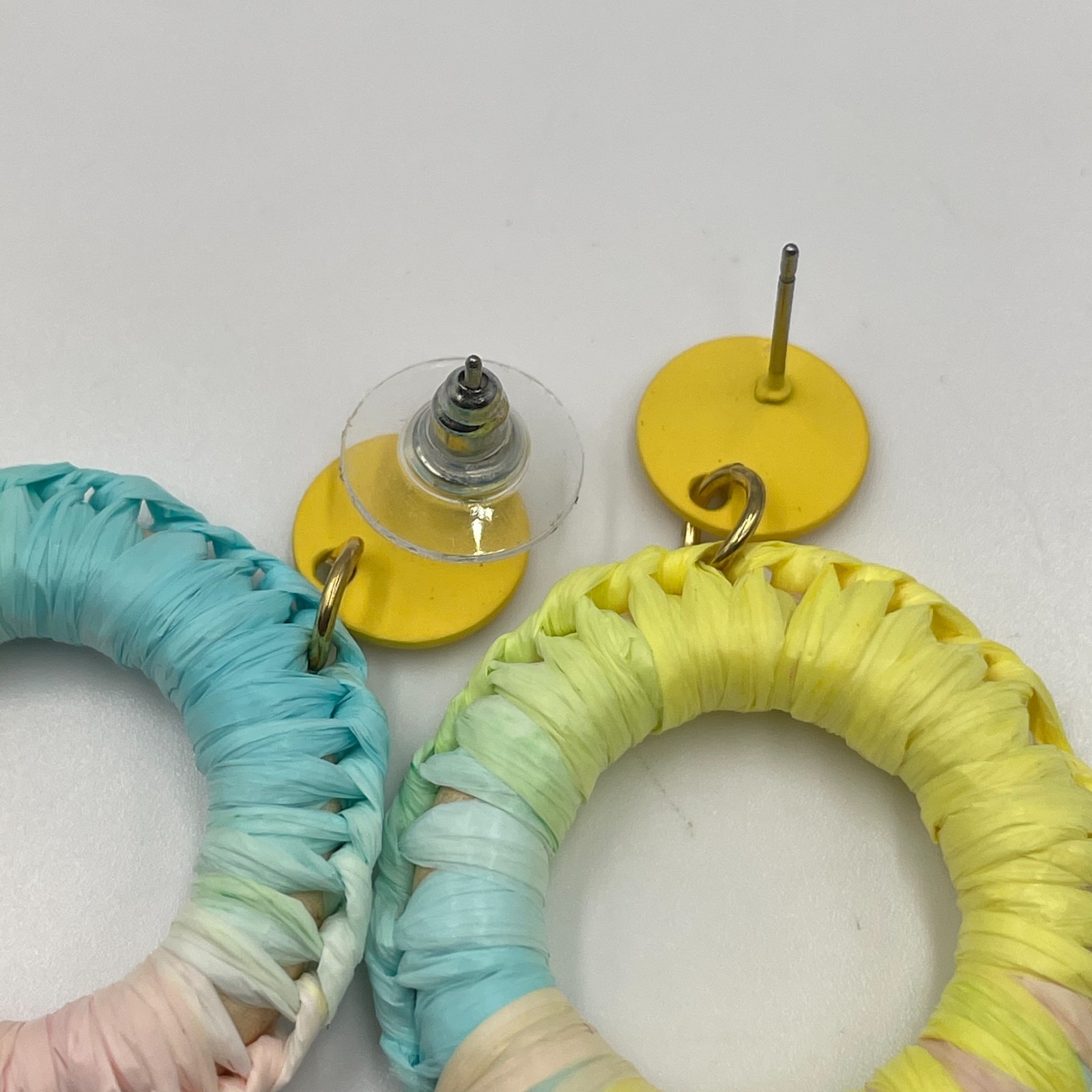 Vintage Pastel Multi-Color Straw Woven Raffia Hoop Drop Fringe Statement Earring