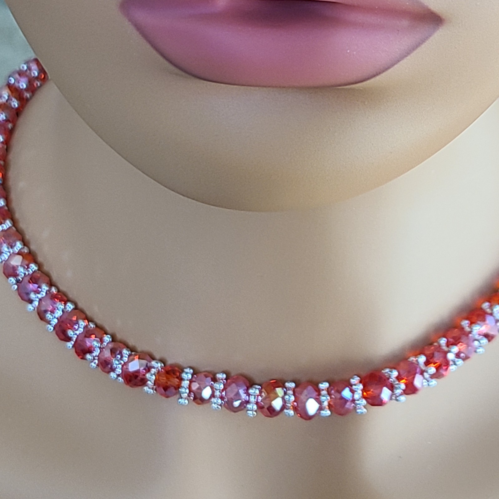 Vintage Fire Red Aurora Borealis AB Faceted Glass Crystal Choker Necklace 18.5”