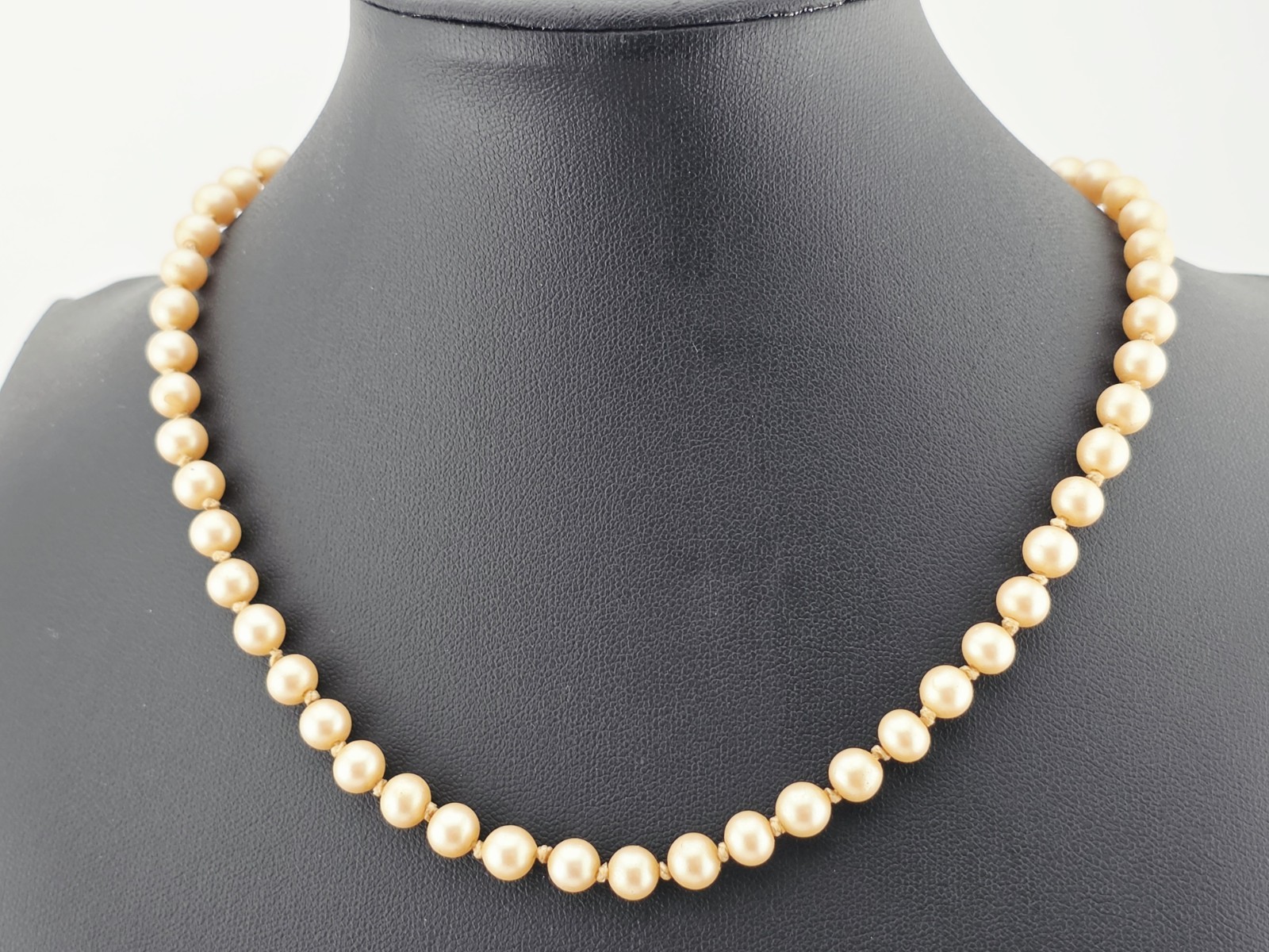 ​Vintage Hand Knotted Glass Pearl Necklace Sterling Silver Filigree Clasp 16″