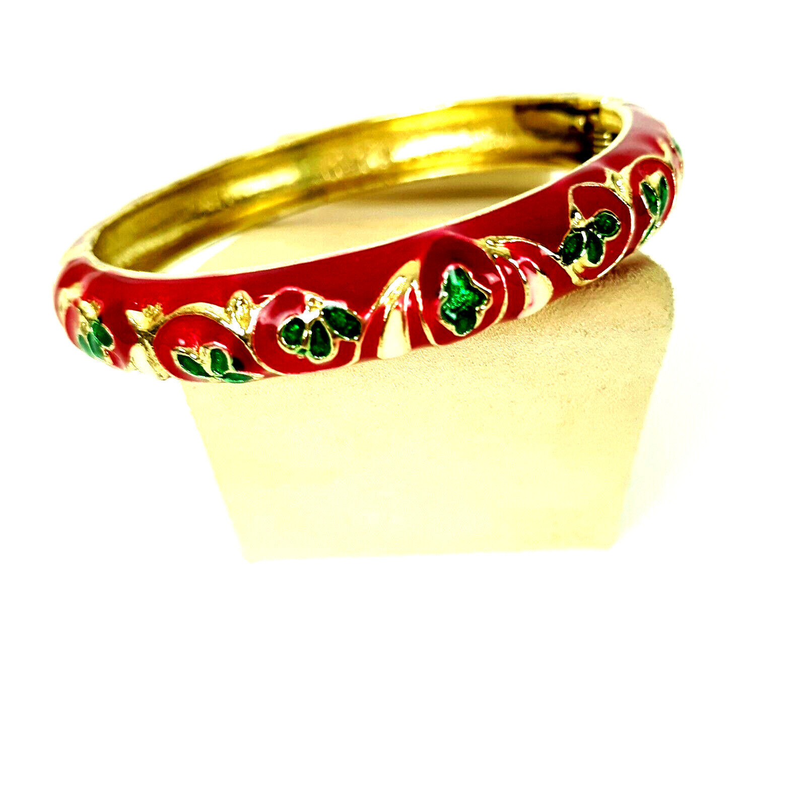 Cloisonne Style Bangle Bracelet Red Enamel Floral Pattern Hinged Opening