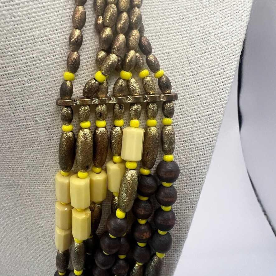 Vintage Boho Multi-Strand Necklace Yellow Black Natural Wood Seed Beads Earthy