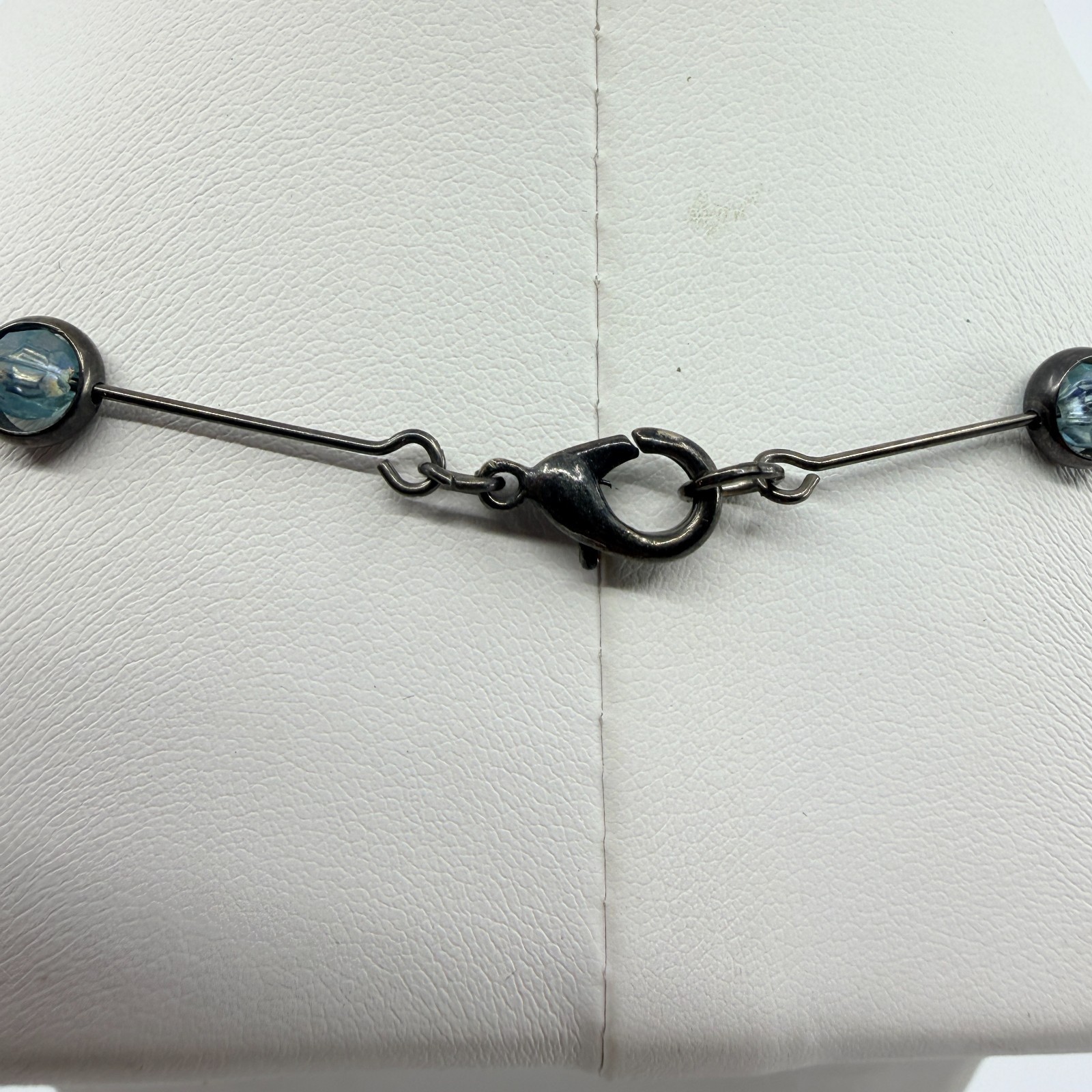 VTG Gunmetal Tone Blue Crystal Glass Necklace Station Link Bar Dainty Minimalist