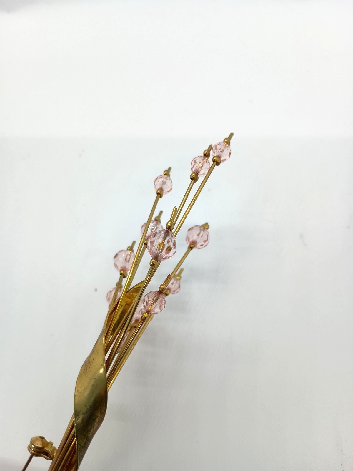 Vintage Gold Tone Brooch Pink Crystal Bead Spray Cattail VGC Retro