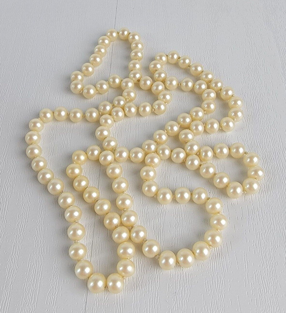 Vintage Cream Faux-Pearl Glass Beaded Necklace Hand Knotted Endless No Clasp 29″