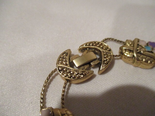 Vintage Brass & Enamel Gardening Slide Bracelet 7 1/4″ L x 3/4″ W