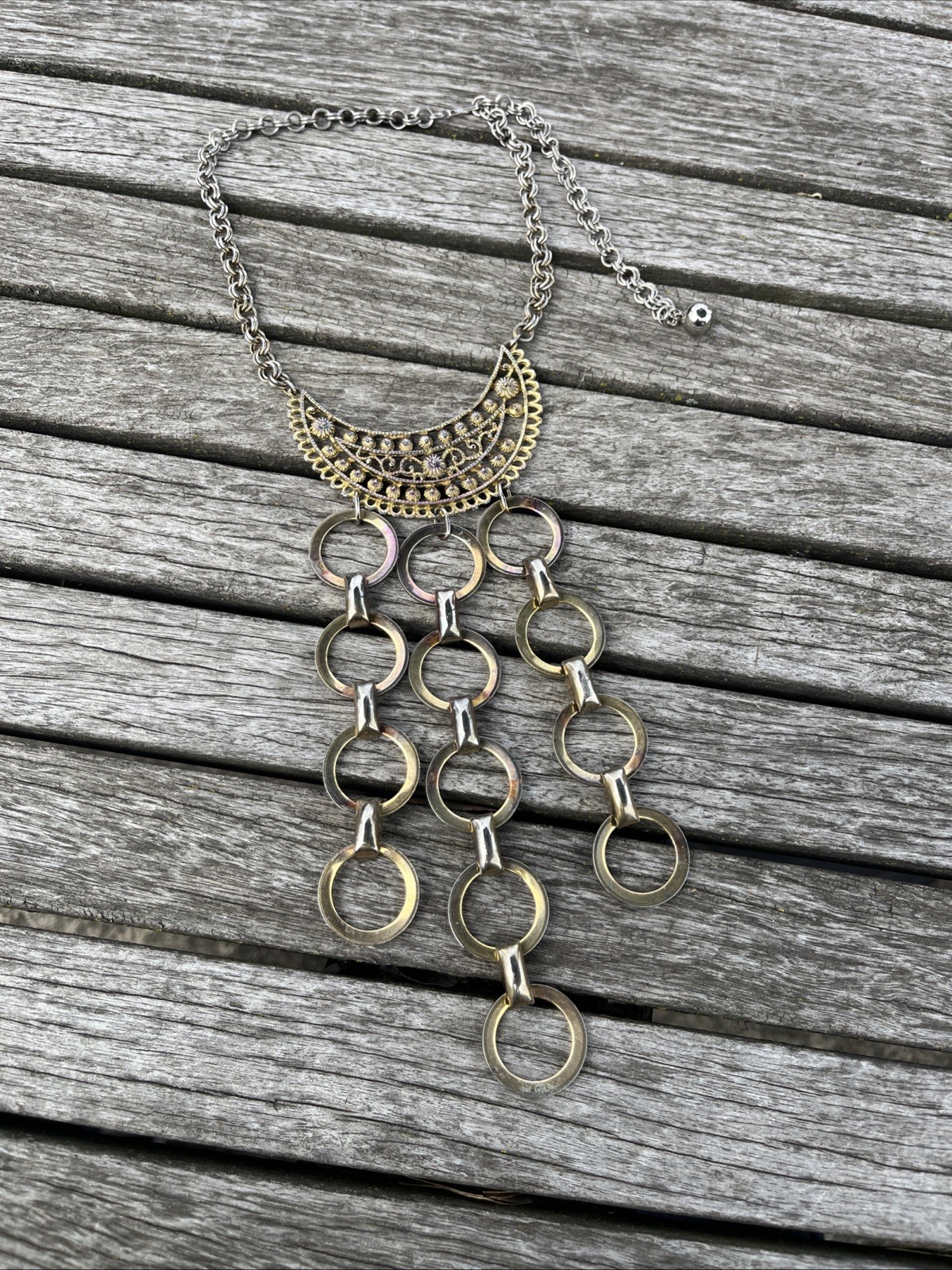 Vintage Metal Persian Style Chain Necklace Half Circle Pendant Dangle 1980s