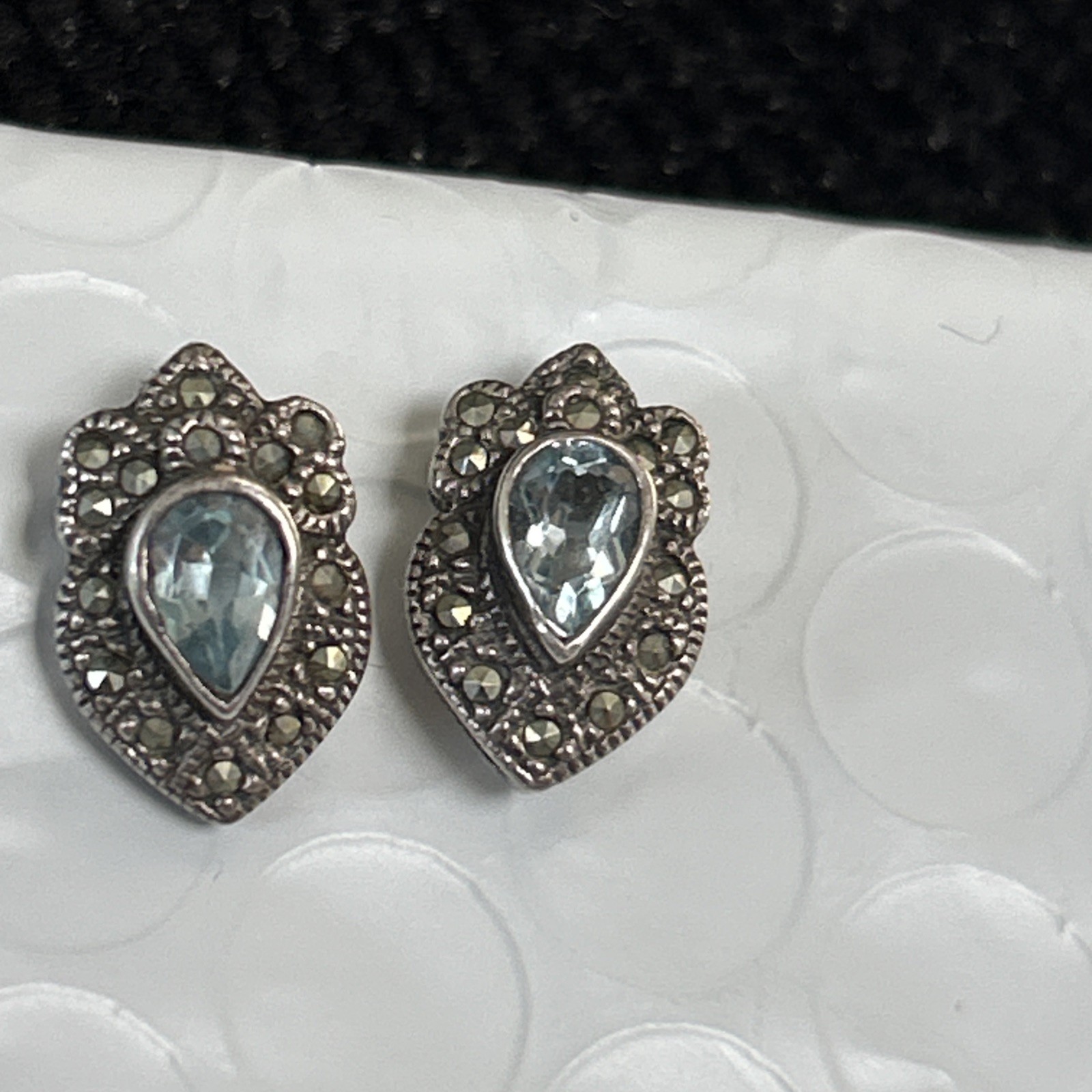 VTG CW Sterling Silver Marcasite Blue Topaz Stud Earrings 1/2” 3g