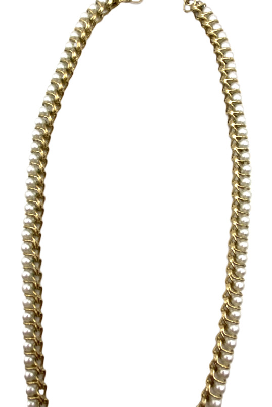 Vintage Gold Tone Faux Pearl Necklace Curb Linked Wire Wrapped 17” Costume GUC
