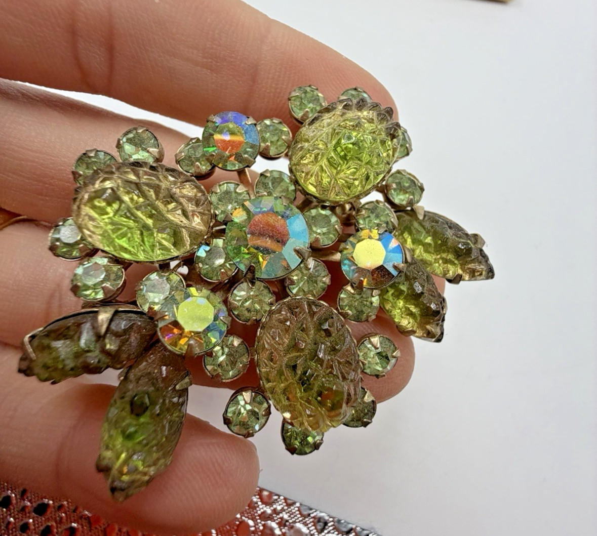 Vintage Brooch Rhinestone Green Geode Cut Givre Estate