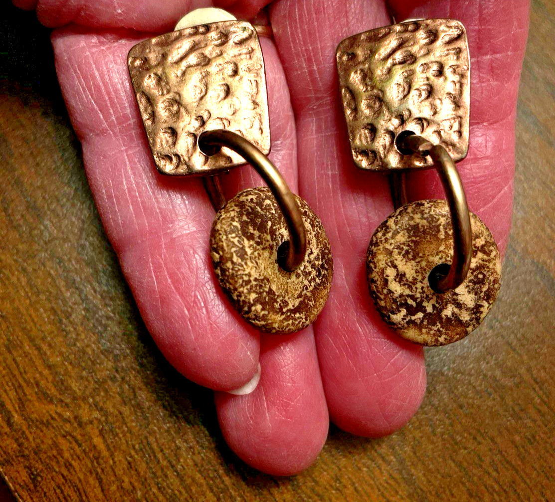 Norma Jean Earrings Drop Dangle Hammered Coppertone Metal & Disc Clip-on Signed