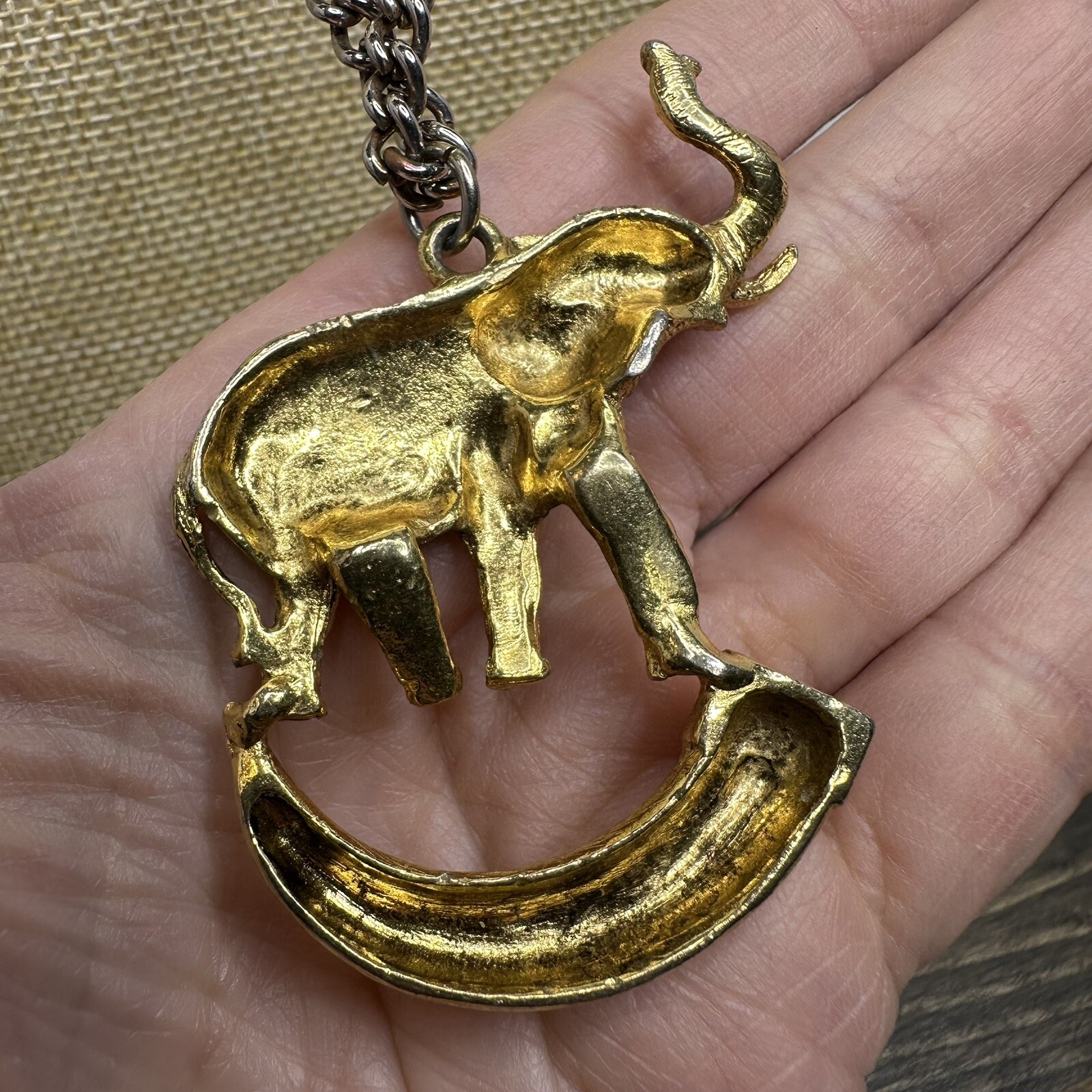 Vintage Elephant on Tusk Necklace Gold Tone Large Pendant Safari Estate Find