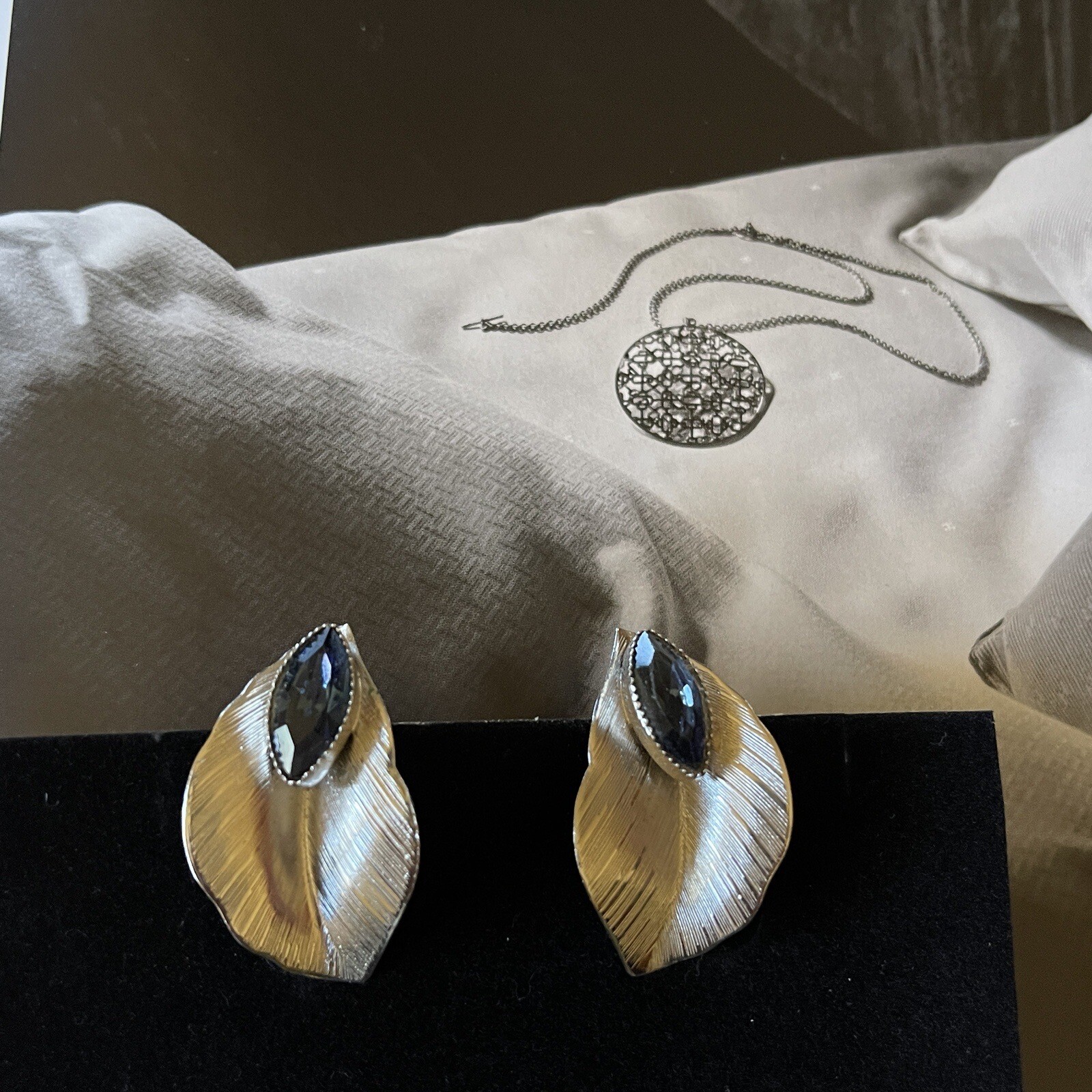 Vintage Whiting & Davis Silver Tone Leaf Clip On Earrings Blue Navette Crystal