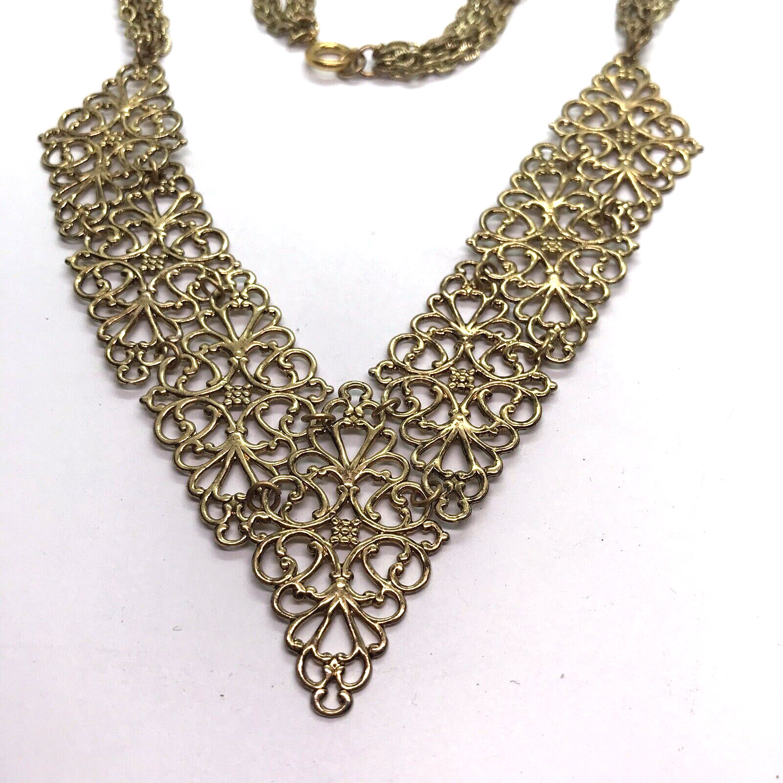 Vintage Necklace filigree Panels Gold Tone Chains Mod Retro Metal