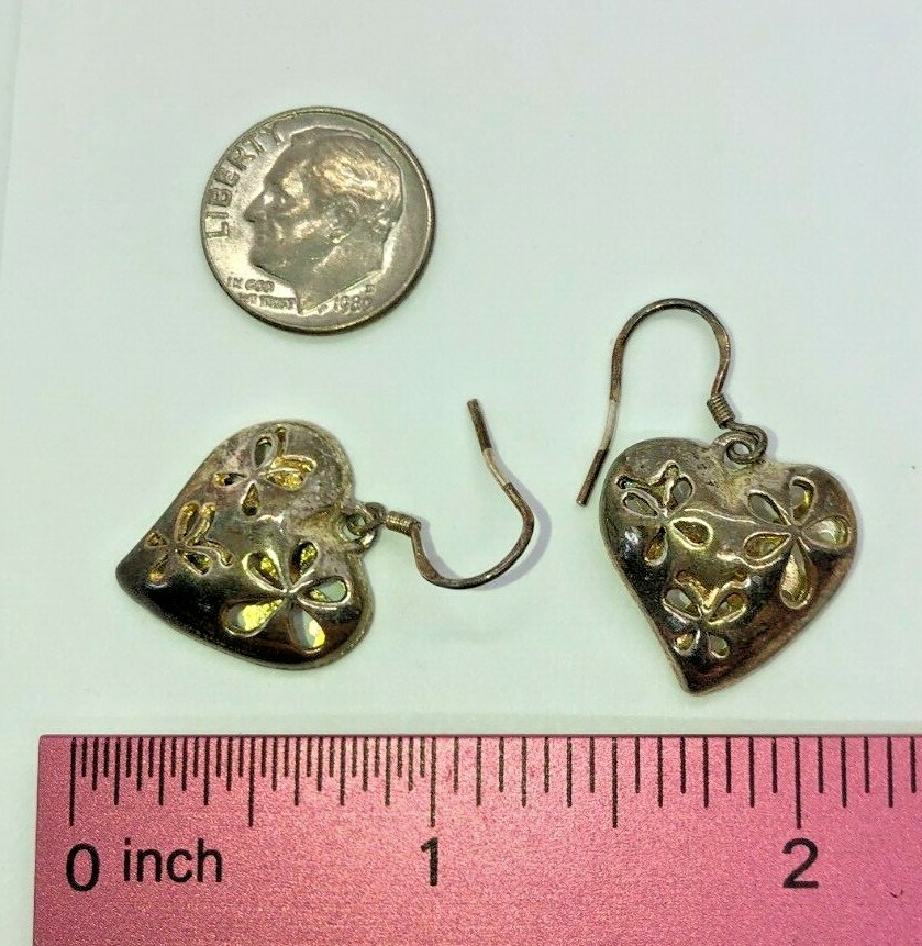 Vintage Sterling Silver Floral Hearts Flowers Dangle Earrings 5.6 Grams