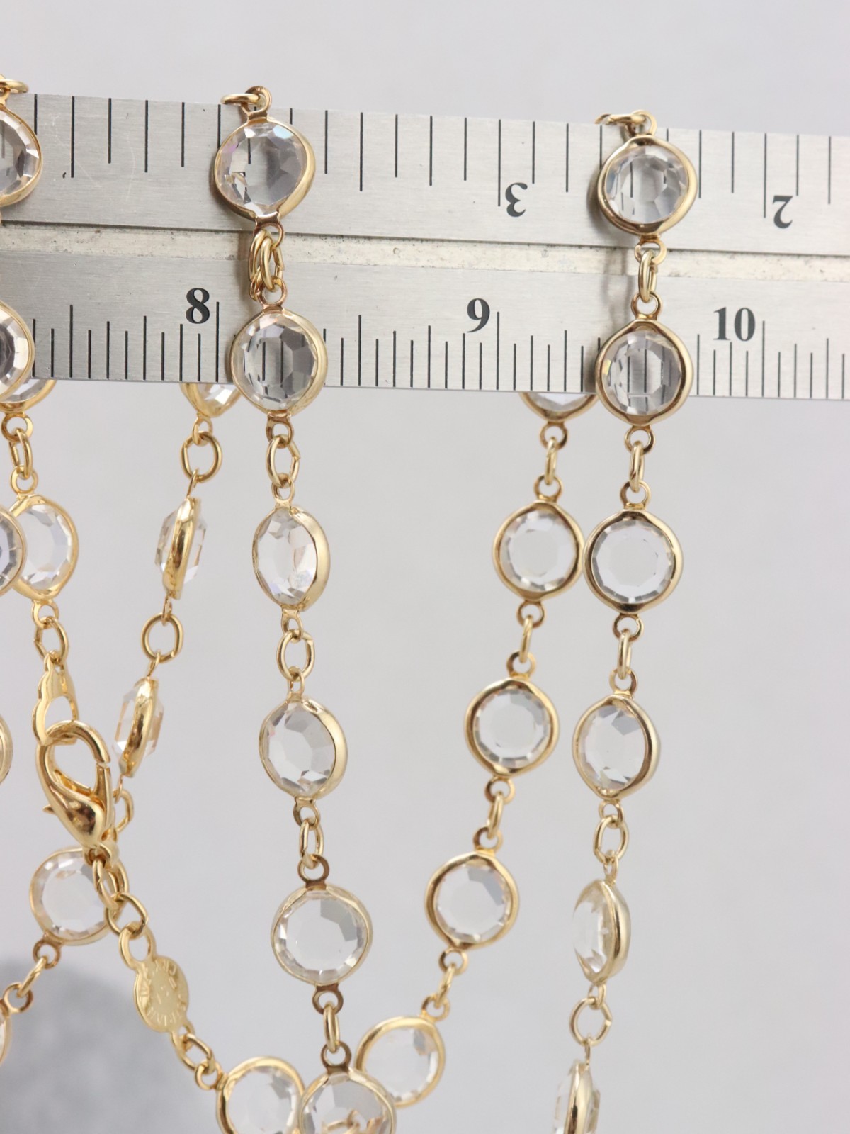 34″ Long 9mm Clear Crystal Bezel Rhinestone Necklace Signed AUSTRIAN USA Gold Tn